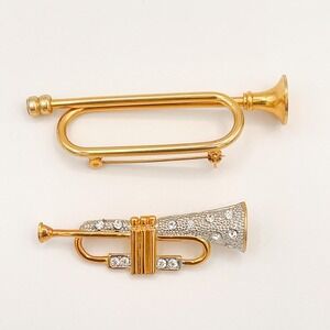 Vtg Gold Tone Trumpet Brooch Pin - Rhinestone Embellished Jazz Instrument